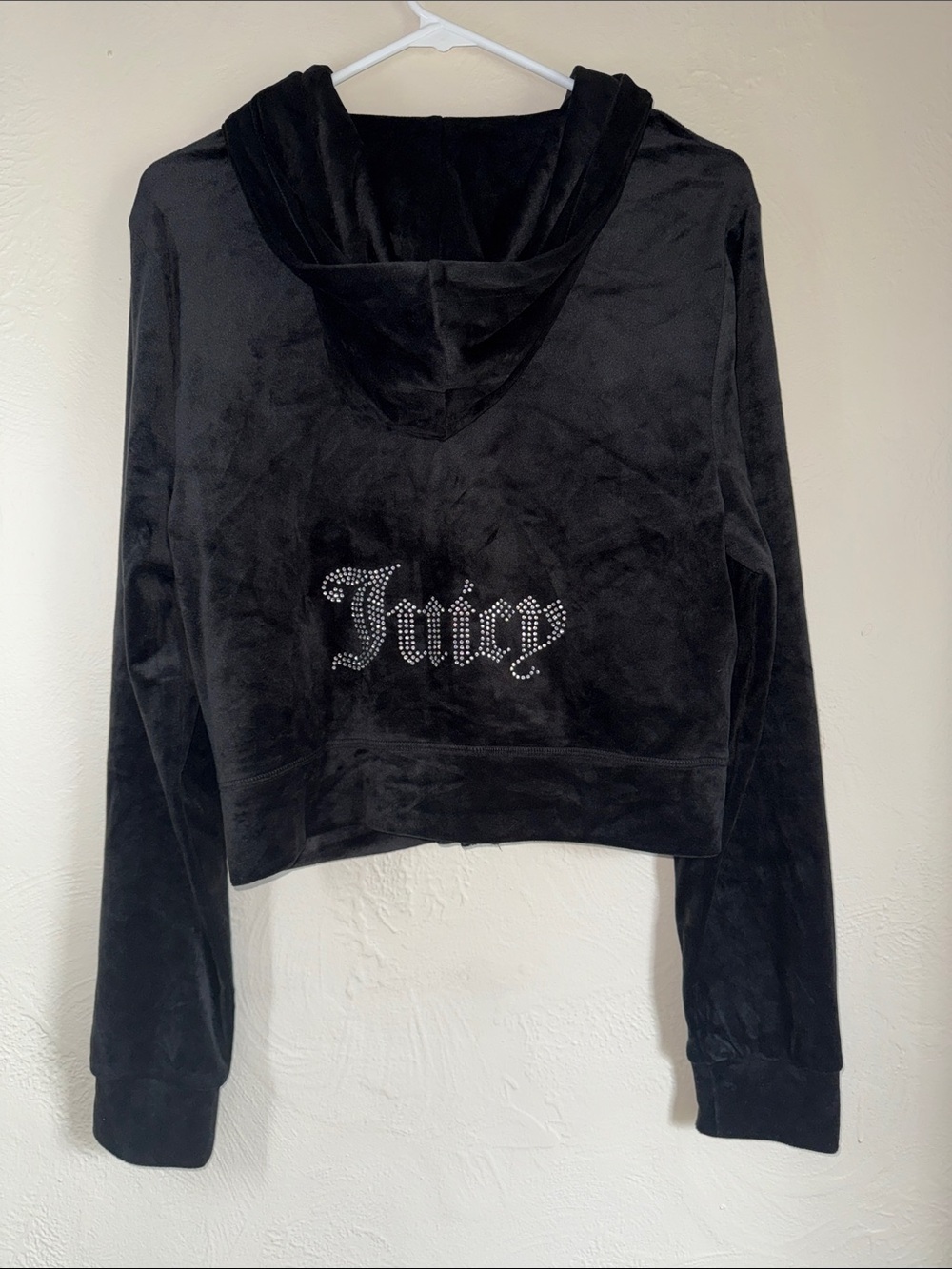 NWT Juicy Couture Black Velour Cropped Zip Hoodie Rhinestone Logo XL